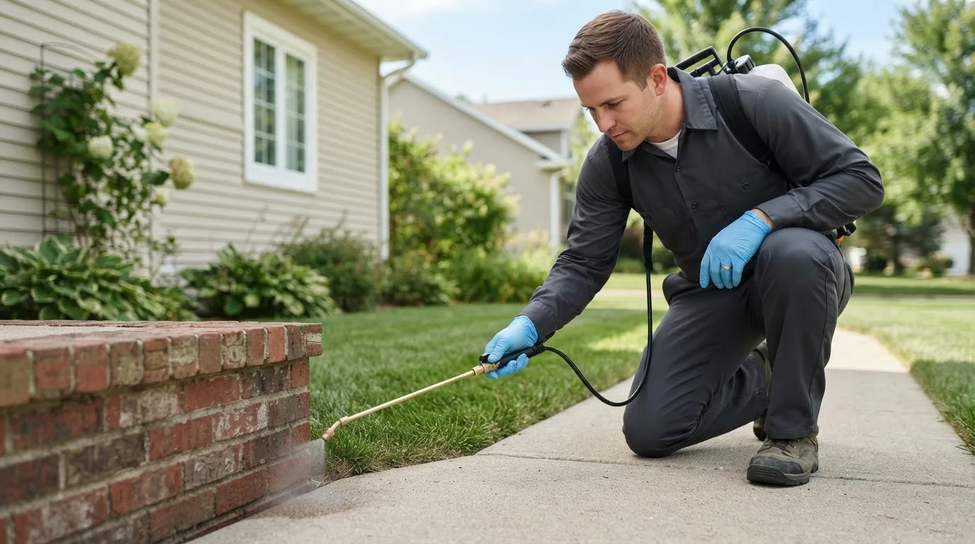 Pest control technician treating a home near Plattsburg, MO