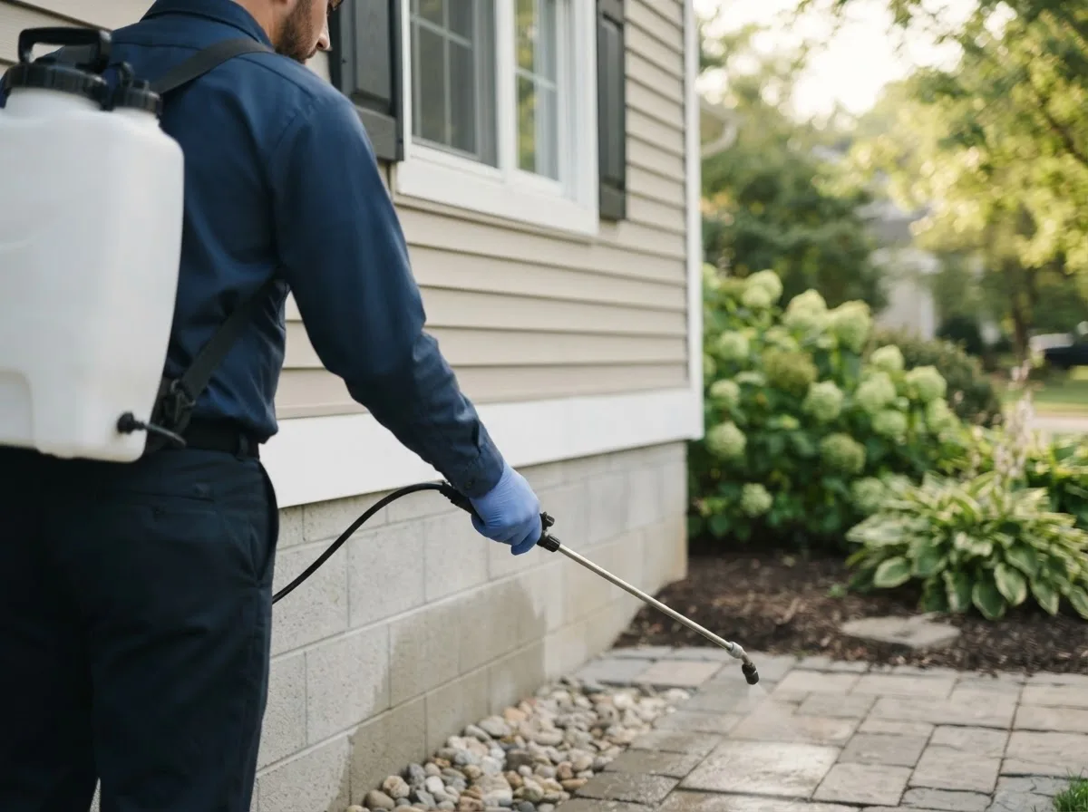 Pest control technician inspecting a home in Plattsburg, MO